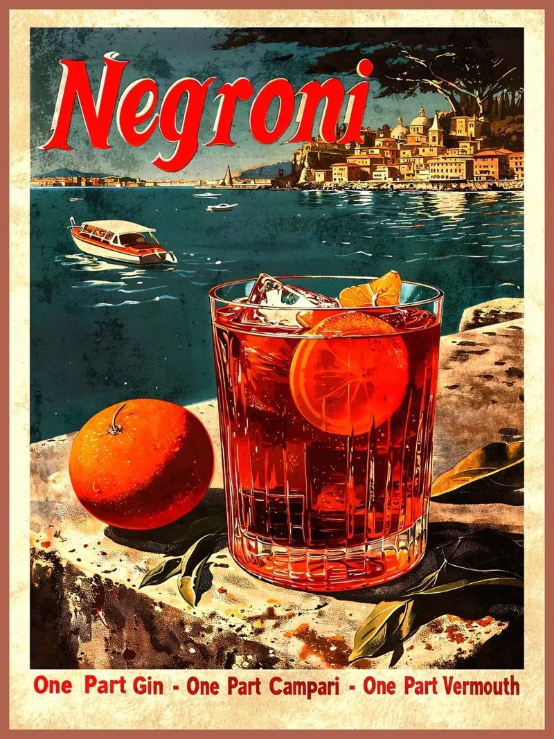 cocktail negroni fetta d'arancia bicchiere d'arancia cubetti di ghiaccio poster con telaio in legno da Christine N Shay