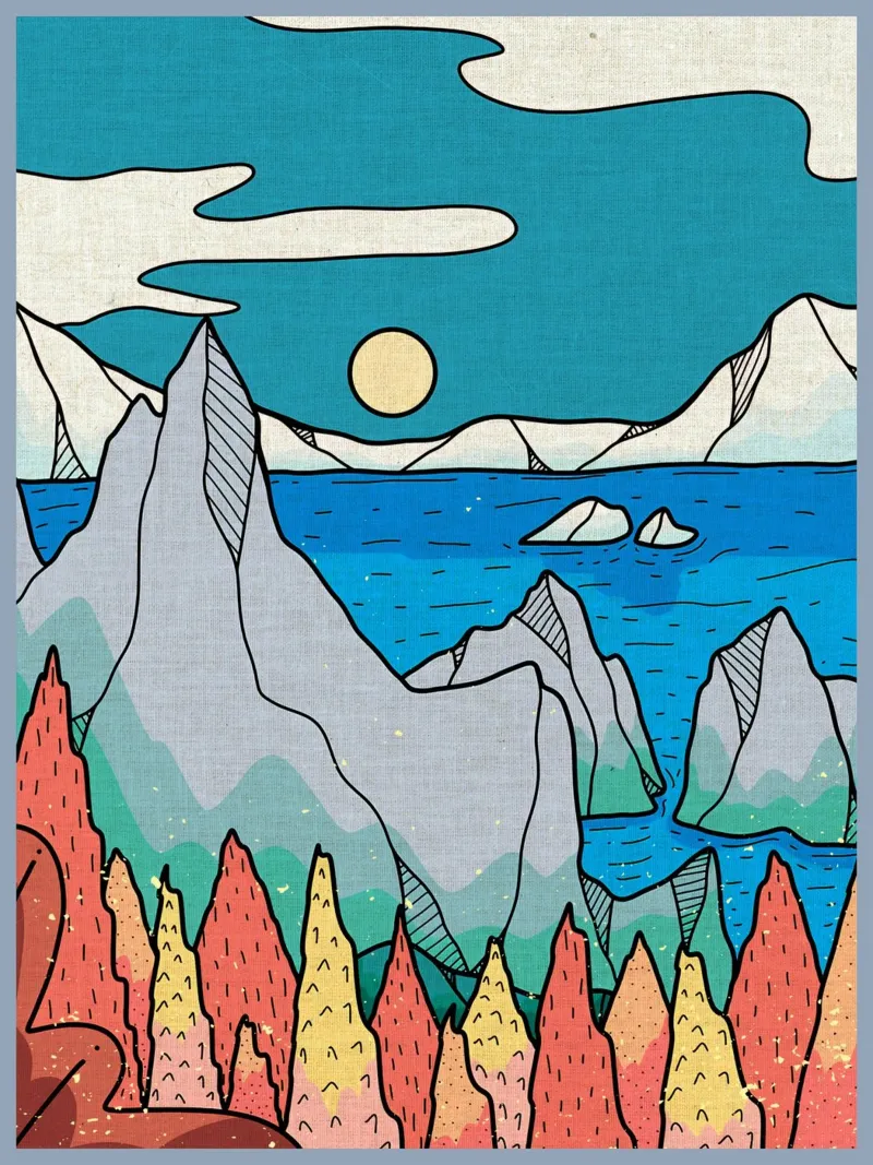 montagne mare sole iceberg alberi acqua poster da Christine N Shay