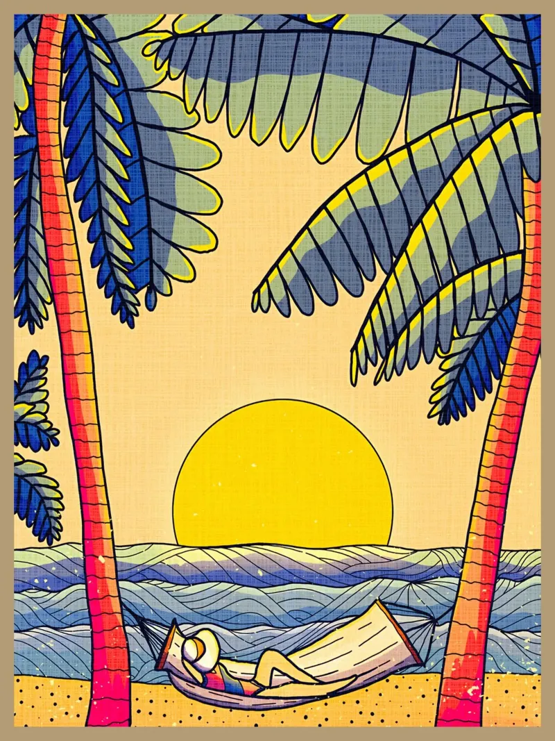 beach palm trees hammock person sunset ocean canvas with Floater frame by Christine N Shay