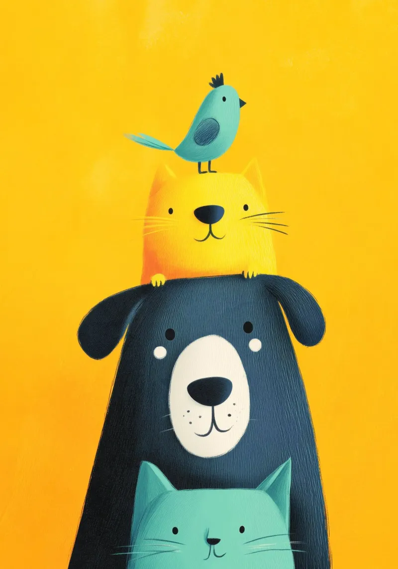 Bear, Cat, Cat, Bird tela con Cornice a cassetta da Kiara