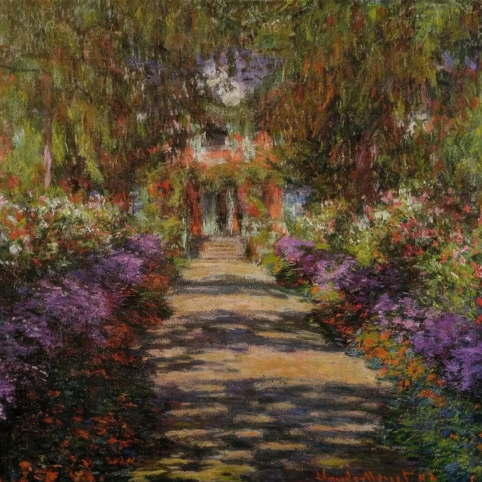 Claude Monet Weg in Monets Garten in Giverny Poster mit Aluminium Rahmen von clay bobby