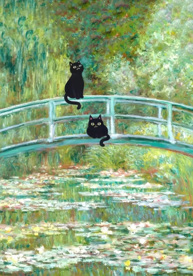 Il ponte dello stagno delle ninfee con i gatti di Monet poster con telaio in plastica da clay bobby