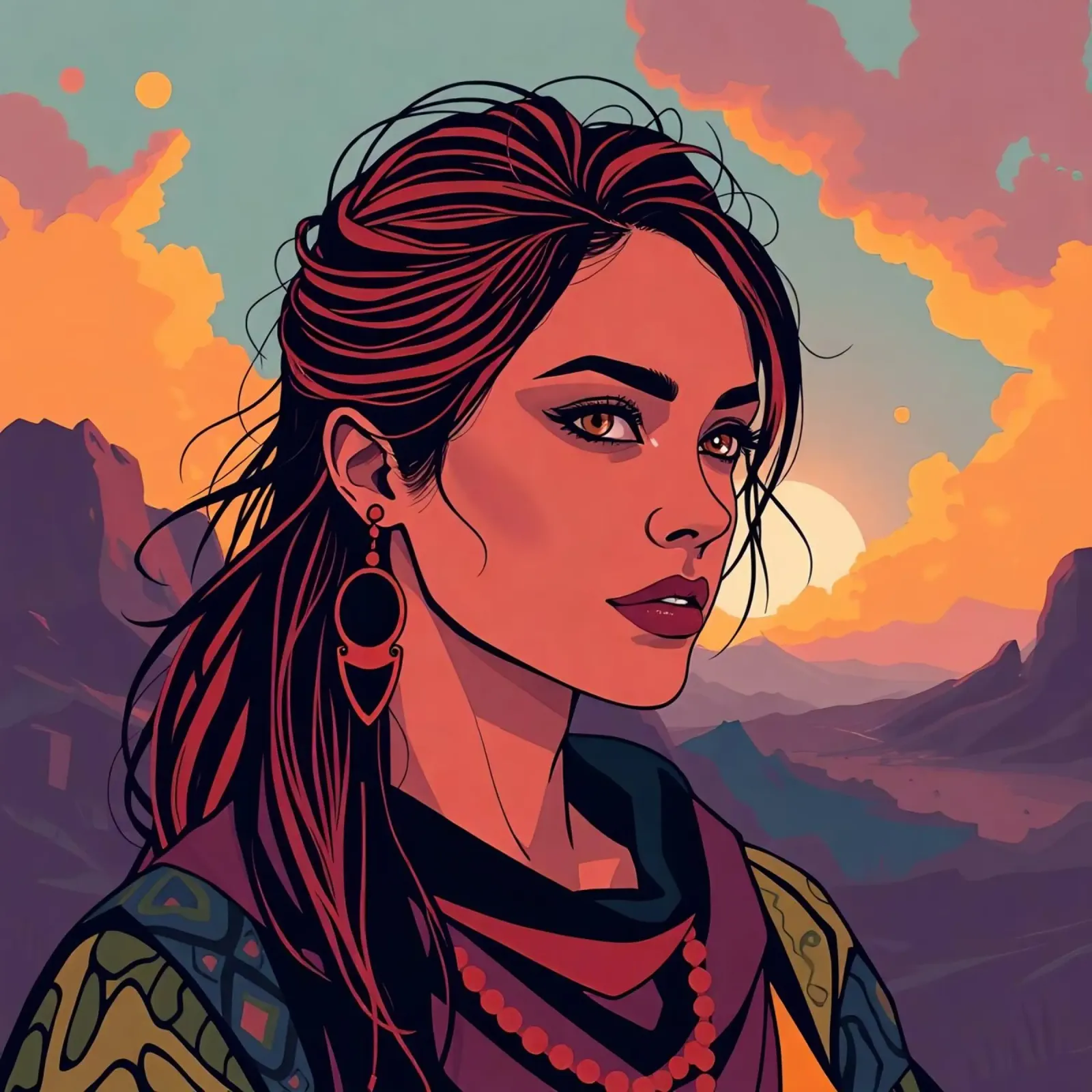 Geïllustreerd vrouwenportret met achtergrond van bergzonsondergang canvas met Baklijst van DesignDoodle