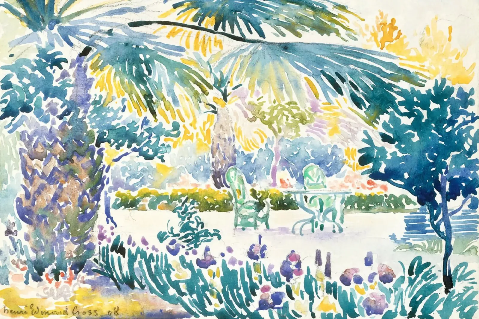 palm trees chairs table garden canvas with Floater frame by Graham Robertson