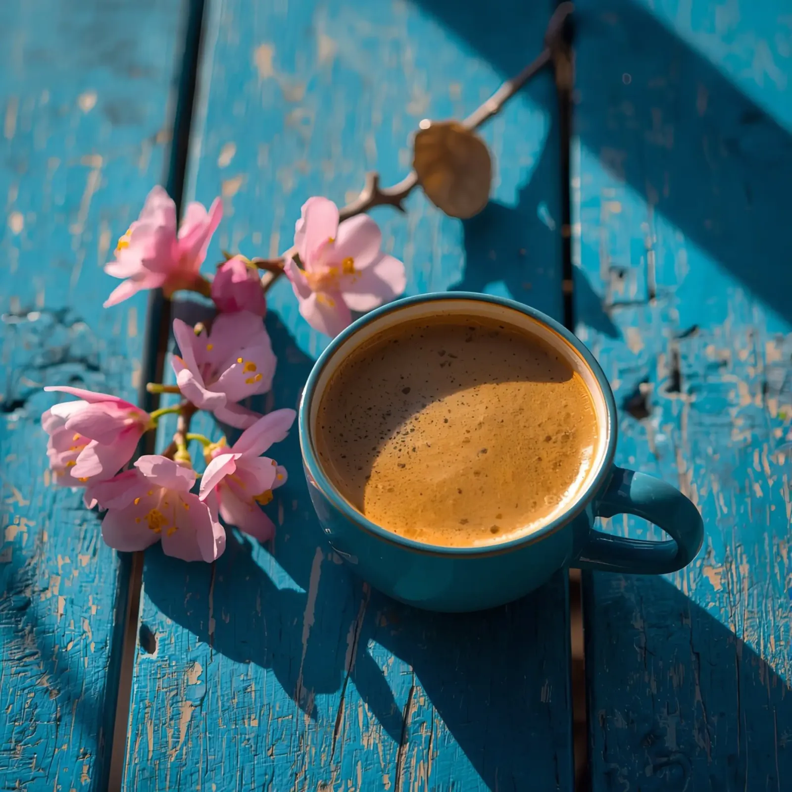 Tazza da caffè con fiori su superficie di legno blu poster da DesignDoodle