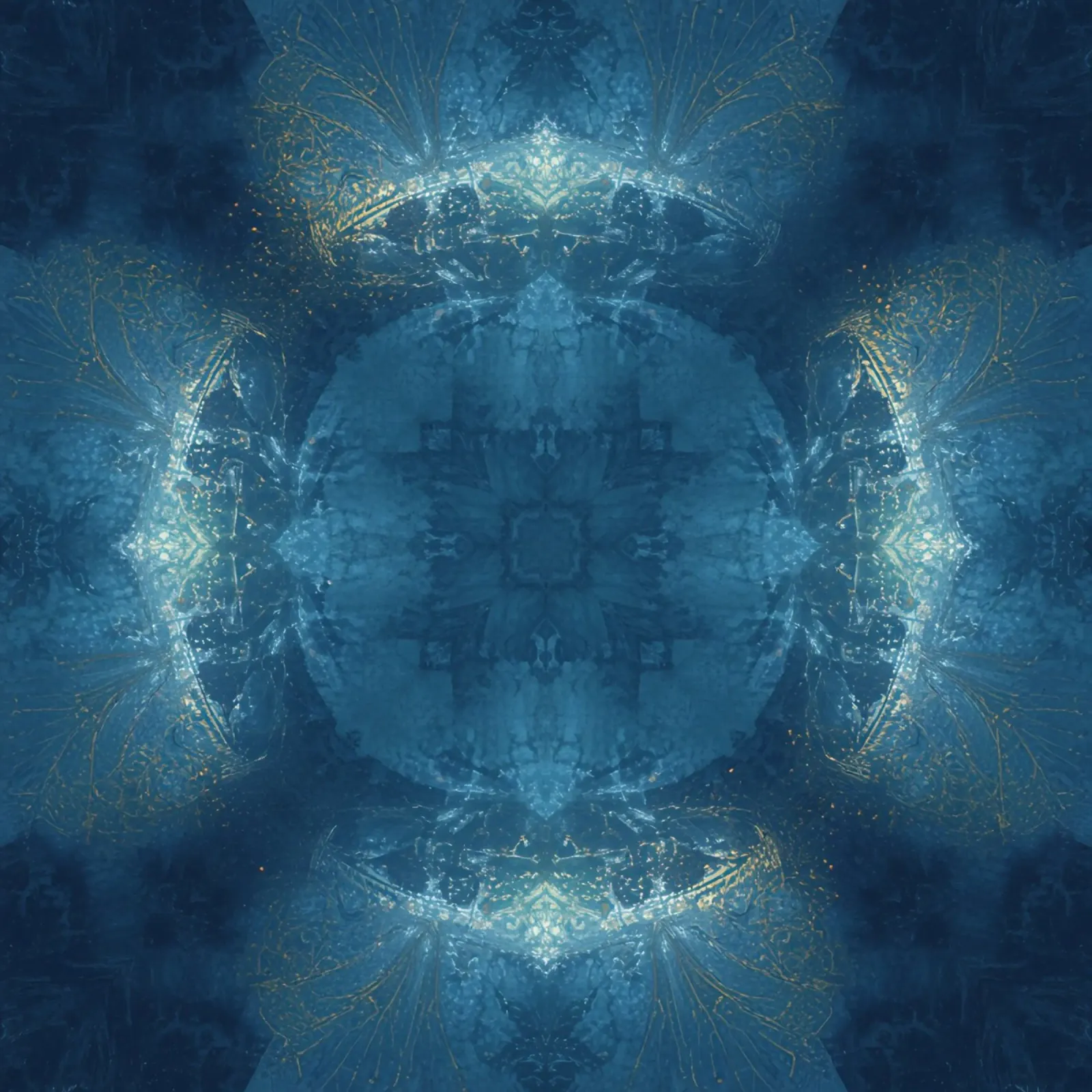 Blue and Gold Fractal Pattern Kaleidoscope Image canvas with Floater frame by DesignDoodle