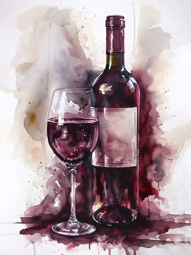 Bottiglia di vino e bicchiere acquerellati poster con telaio in legno da 🎁 ARTVI-SHOP
