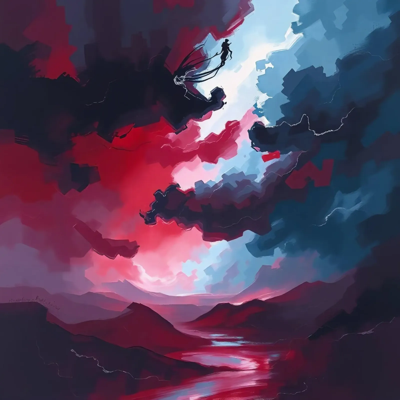 Paesaggio astratto rosso con figure in un cielo nuvoloso poster con telaio in plastica da DesignDoodle