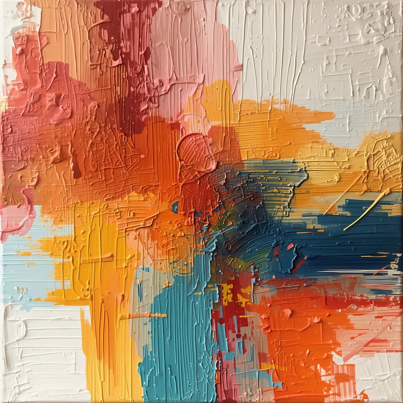 Pittura astratta con texture arancione, giallo, rosa e blu. poster con telaio in alluminio da DesignDoodle