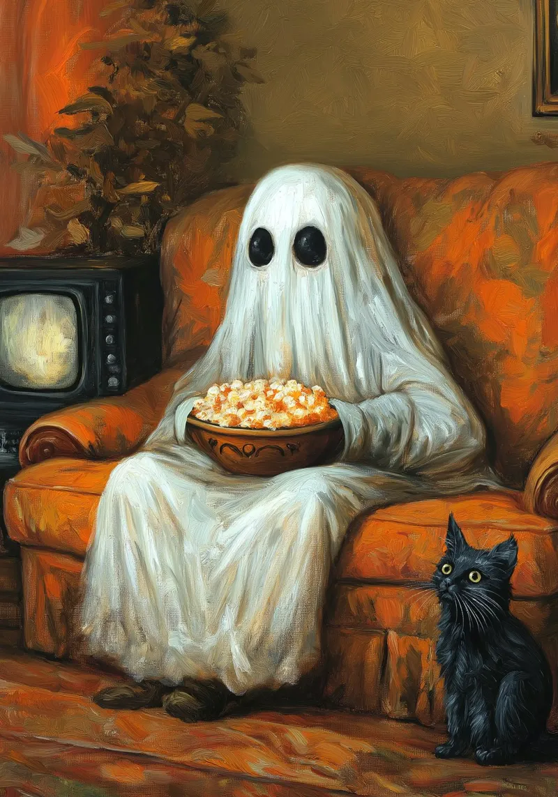 Spooky Halloween Ghost Watching TV with Popcorn canvas with Floater frame by Fleur de Lys