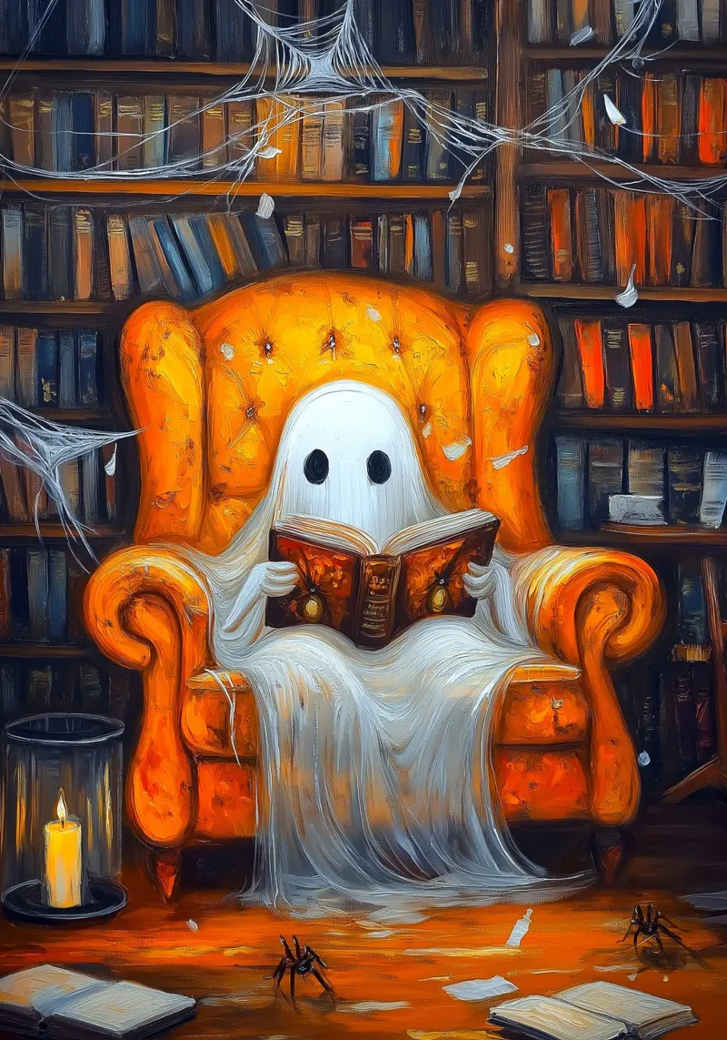 Libro di lettura di fantasmi spettrali in poltrona poster con telaio in alluminio da Fleur de Lys