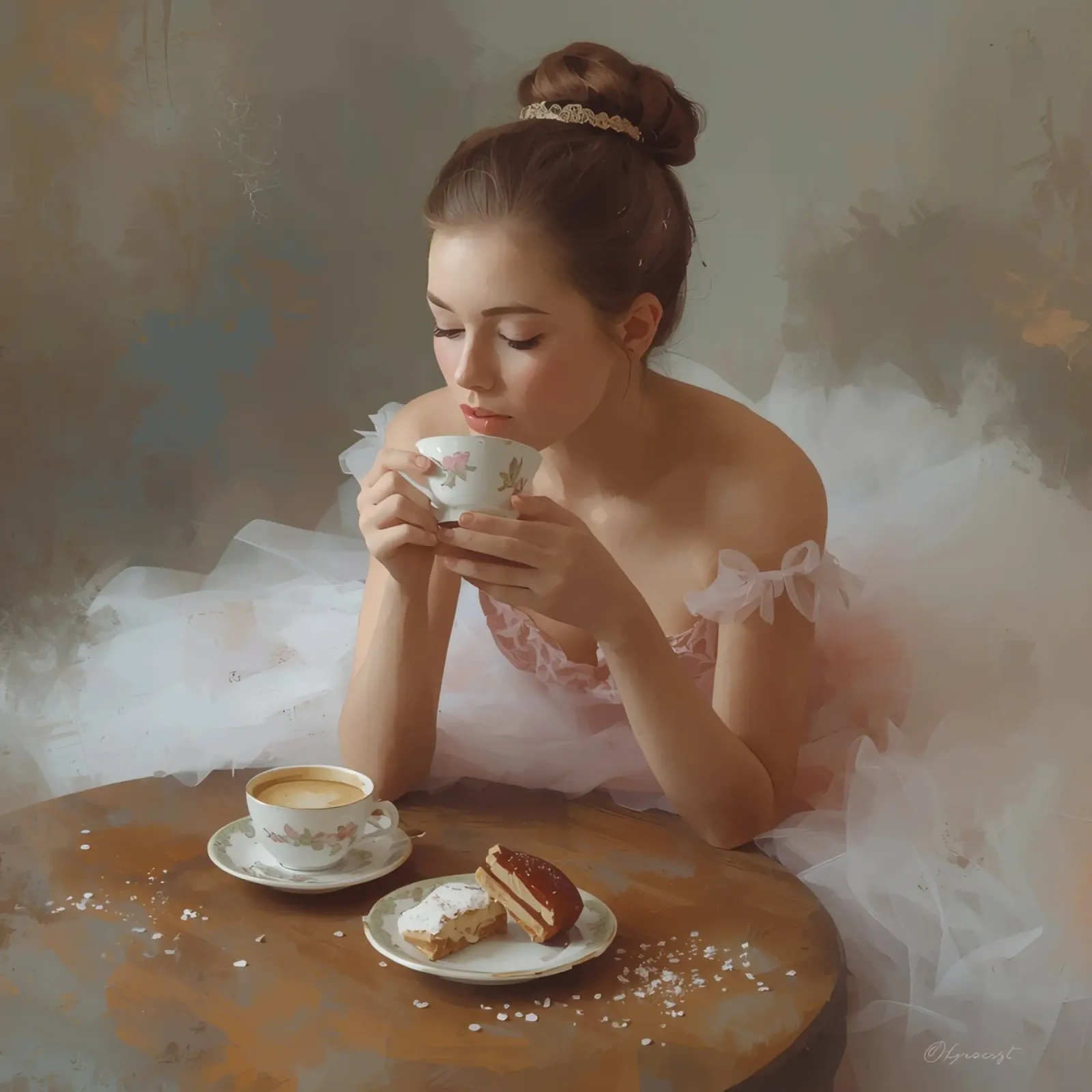 Ballerina con caffè e pasticcini al tavolo poster da DesignDoodle