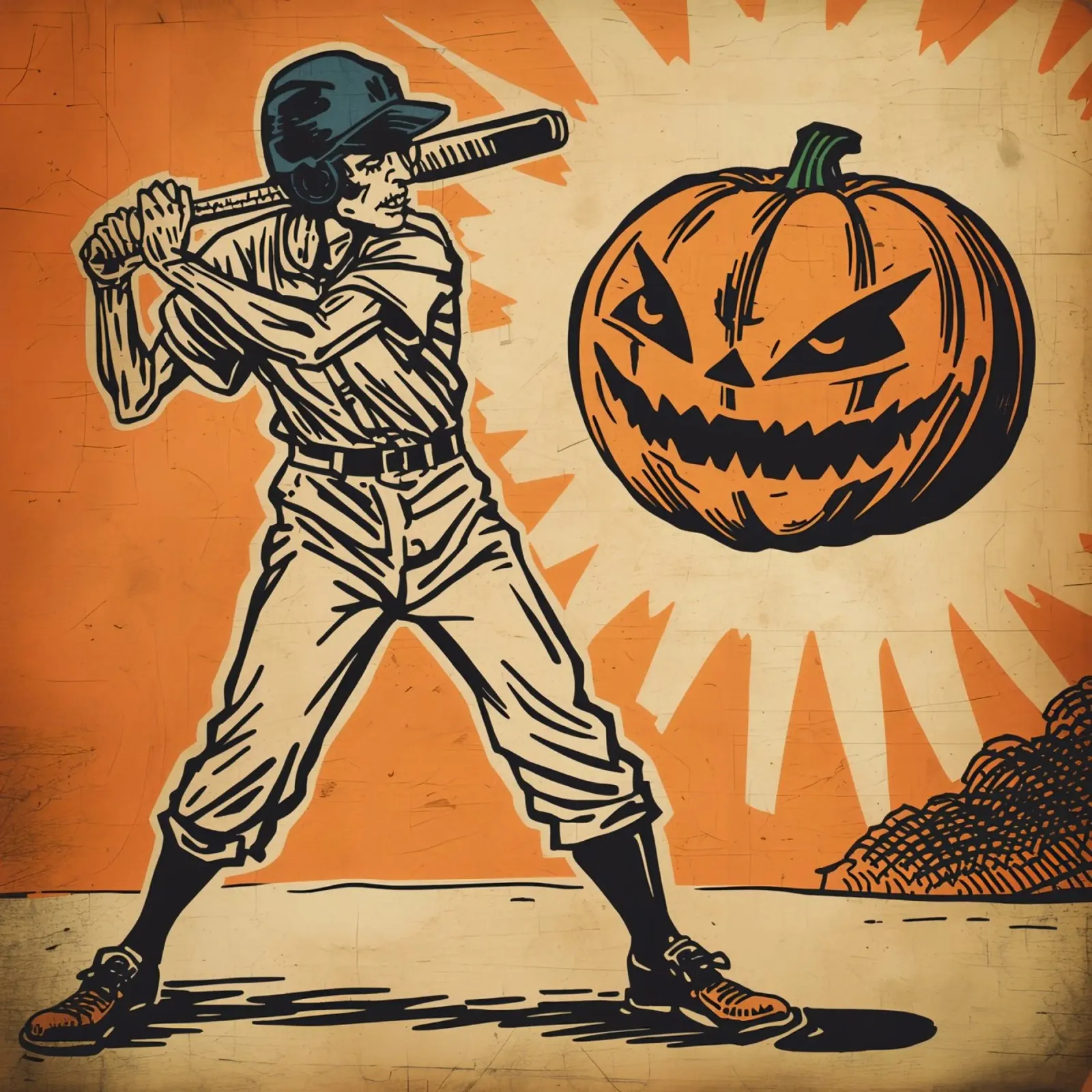 Giocatore di baseball con mazza e zucca intagliata poster con telaio in alluminio da DesignDoodle