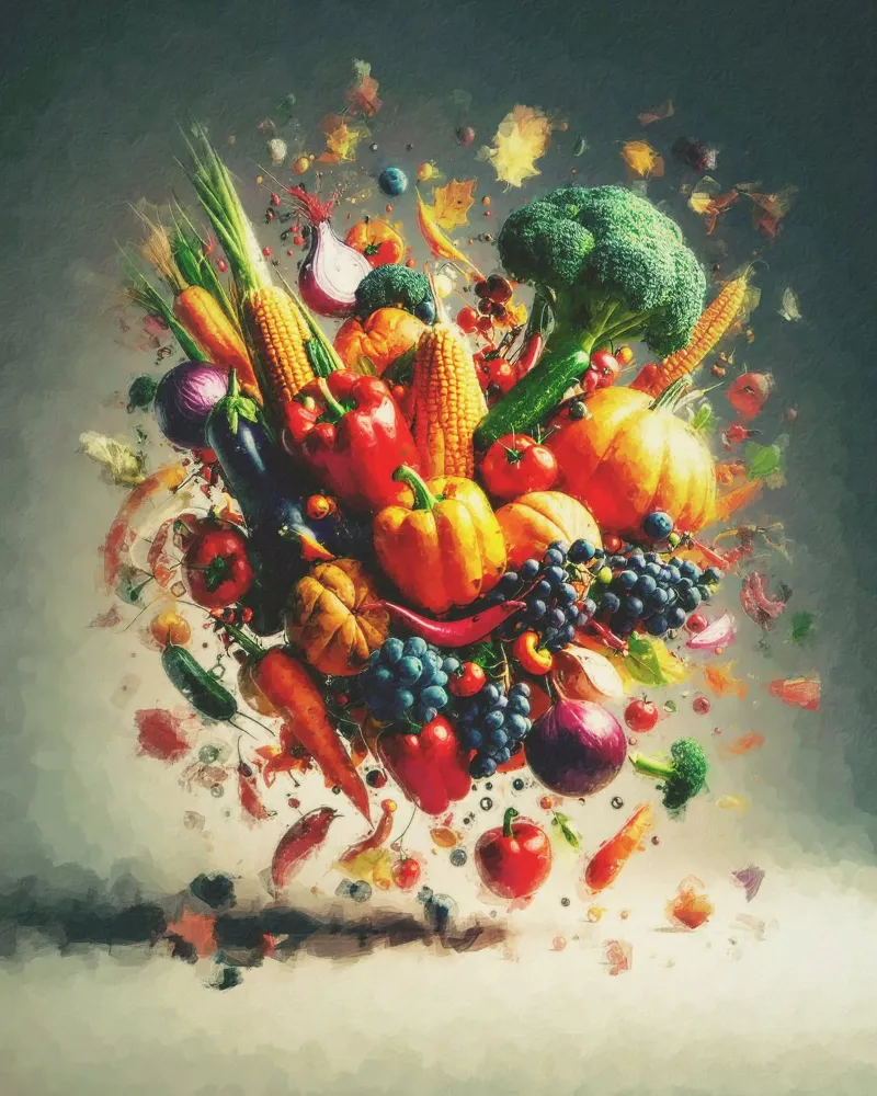 Frutta e verdura galleggianti per il Ringraziamento poster con telaio in alluminio da Natur Wandbild — Orte für die Seele