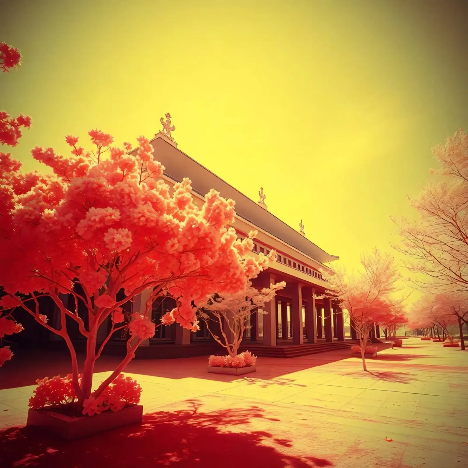 Building Facade with Trees in Red and Yellow Light canvas with Floater frame by DesignDoodle