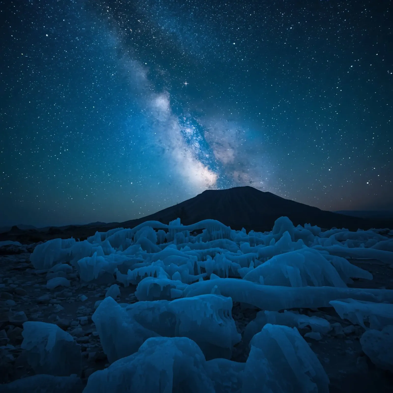Paesaggio ghiacciato con montagna e Via Lattea di notte poster con telaio in plastica da DesignDoodle
