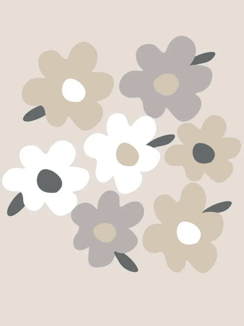 Design floreale grigio fiori bianchi su beige poster con telaio in legno da Alisa Knöß