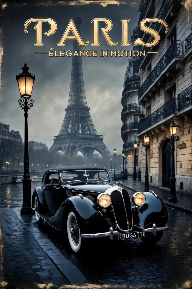 Fascino parigino nostalgico Auto d'epoca e Torre Eiffel poster con telaio in alluminio da Melissa