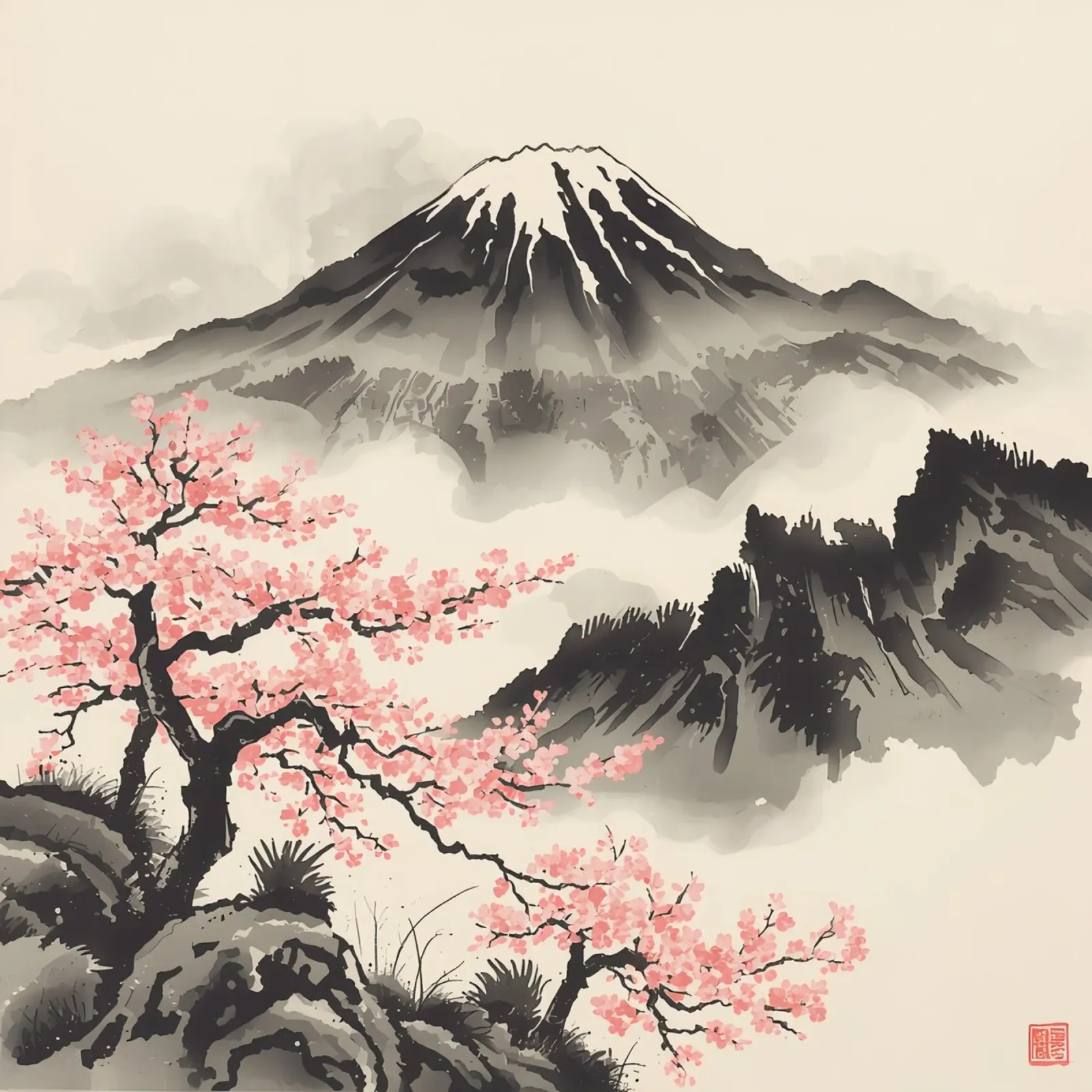 Pittura ad acquerello del Monte Fuji e dei ciliegi in fiore poster con telaio in legno da DesignDoodle