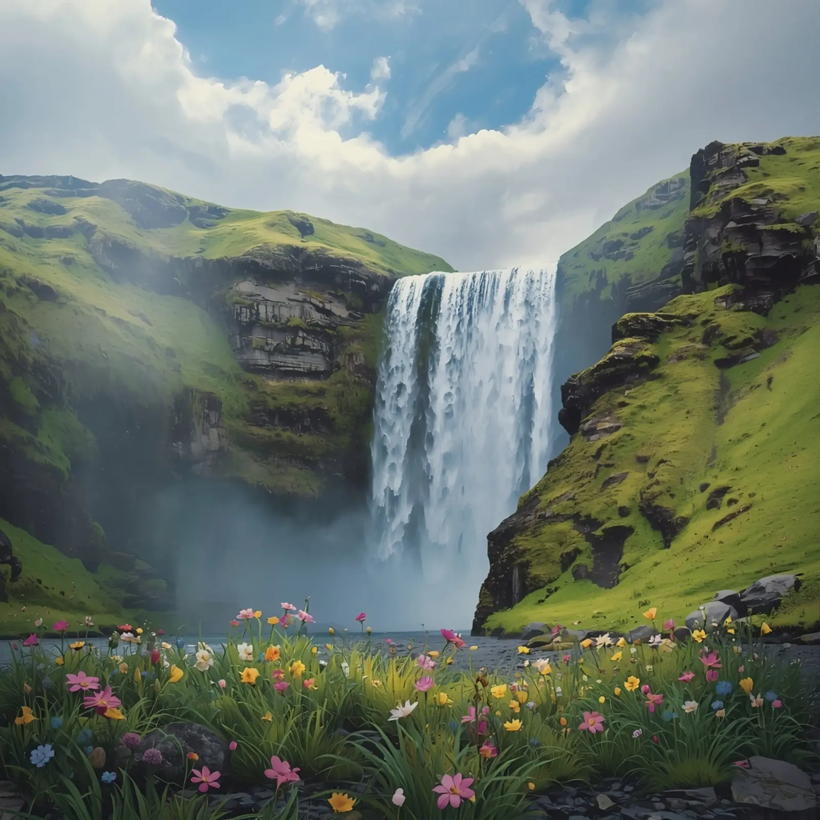 Cascata tra verdi colline con fiori selvatici poster con telaio in alluminio da DesignDoodle