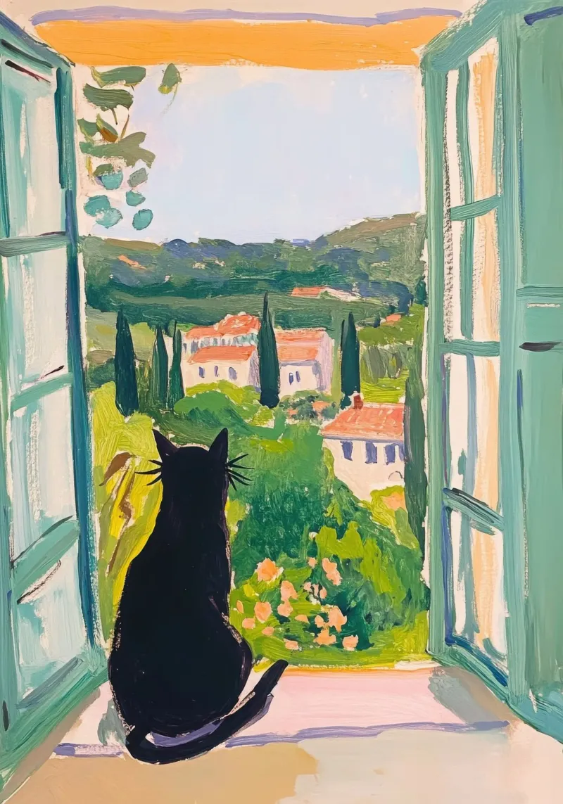 Black cat at the window - Matisse style canvas with Floater frame by Euphoria Theresa