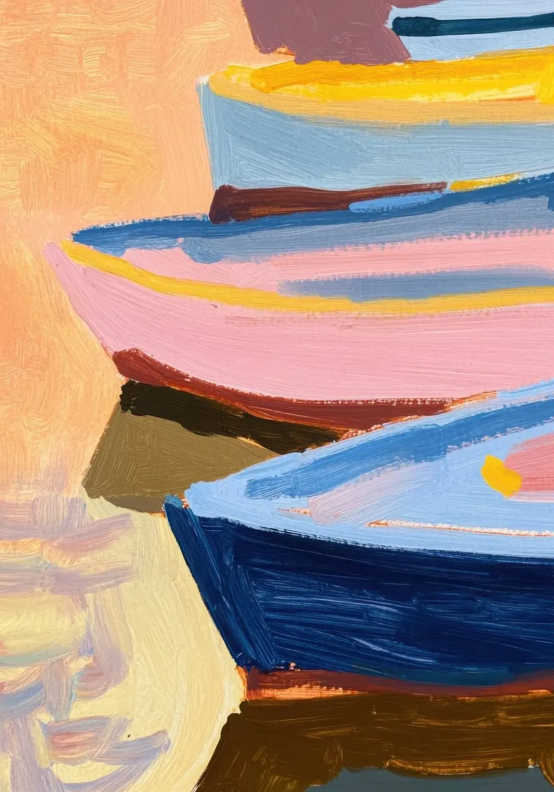 Boten in de haven - Abstracte zomersfeer canvas met Baklijst van Euphoria Theresa