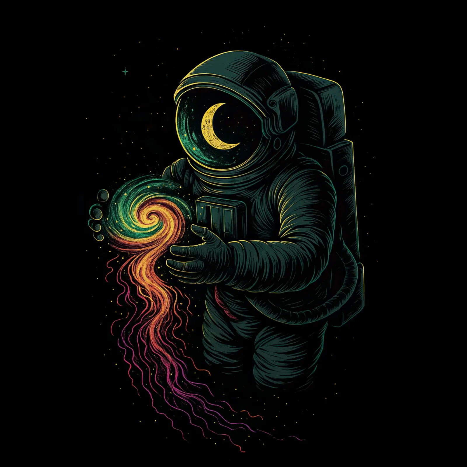 Astronaut & Swirling Galaxy poster con telaio in legno da BadrBrand