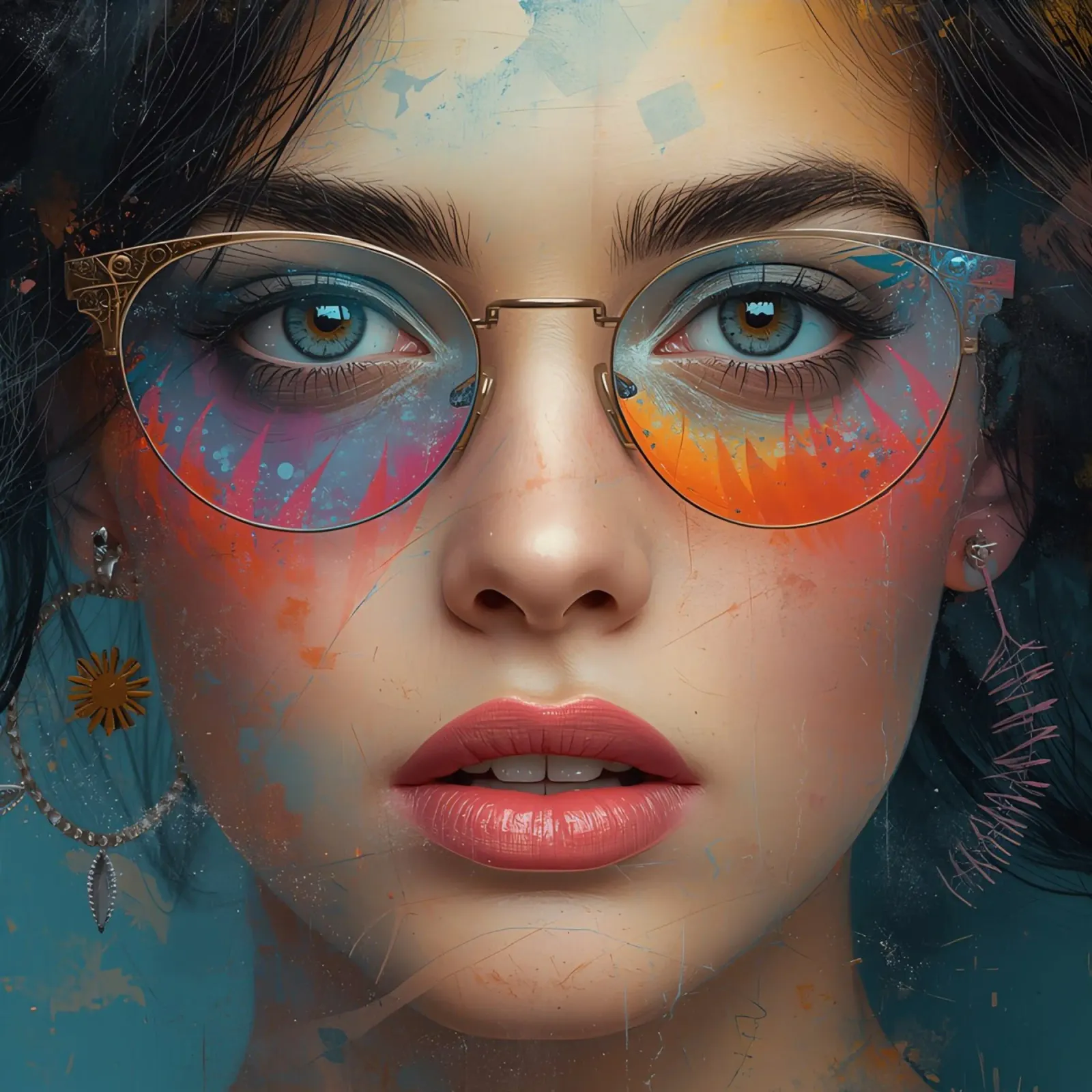 Donna che indossa gli occhiali con riflessi colorati ritratto poster da DesignDoodle