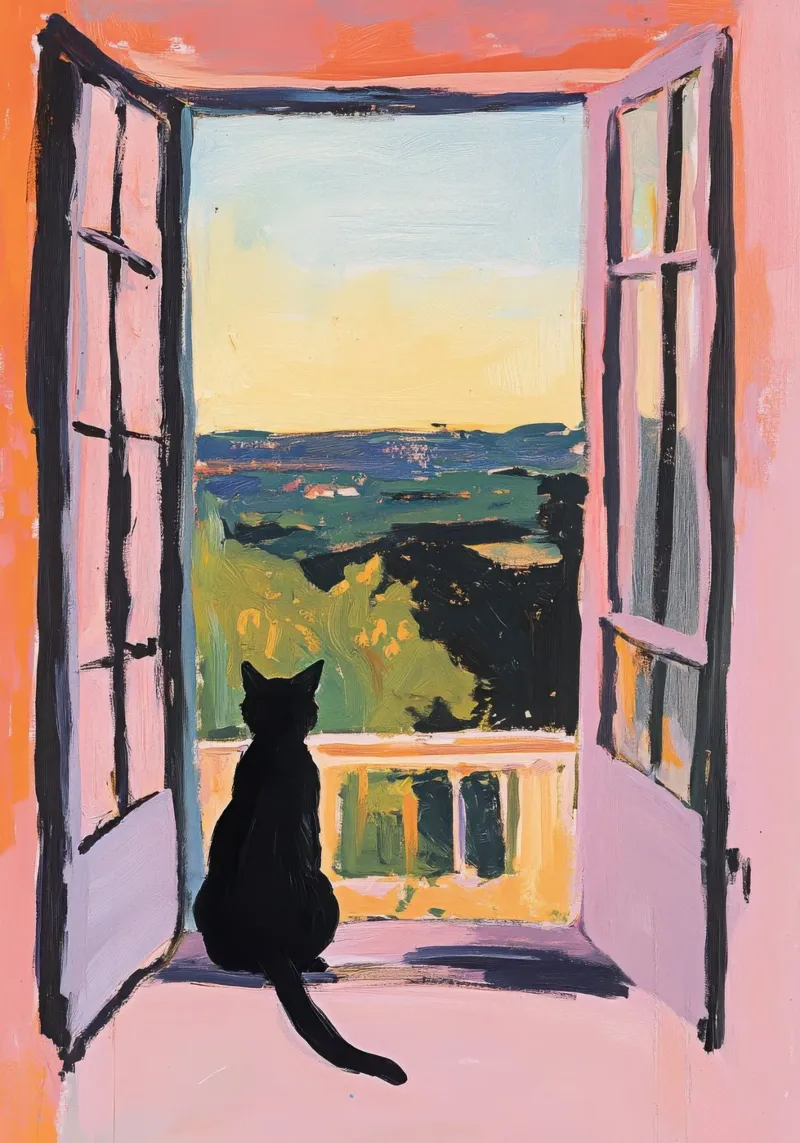 Minimalist cat in the window - Matisse style canvas with Floater frame by Euphoria Theresa