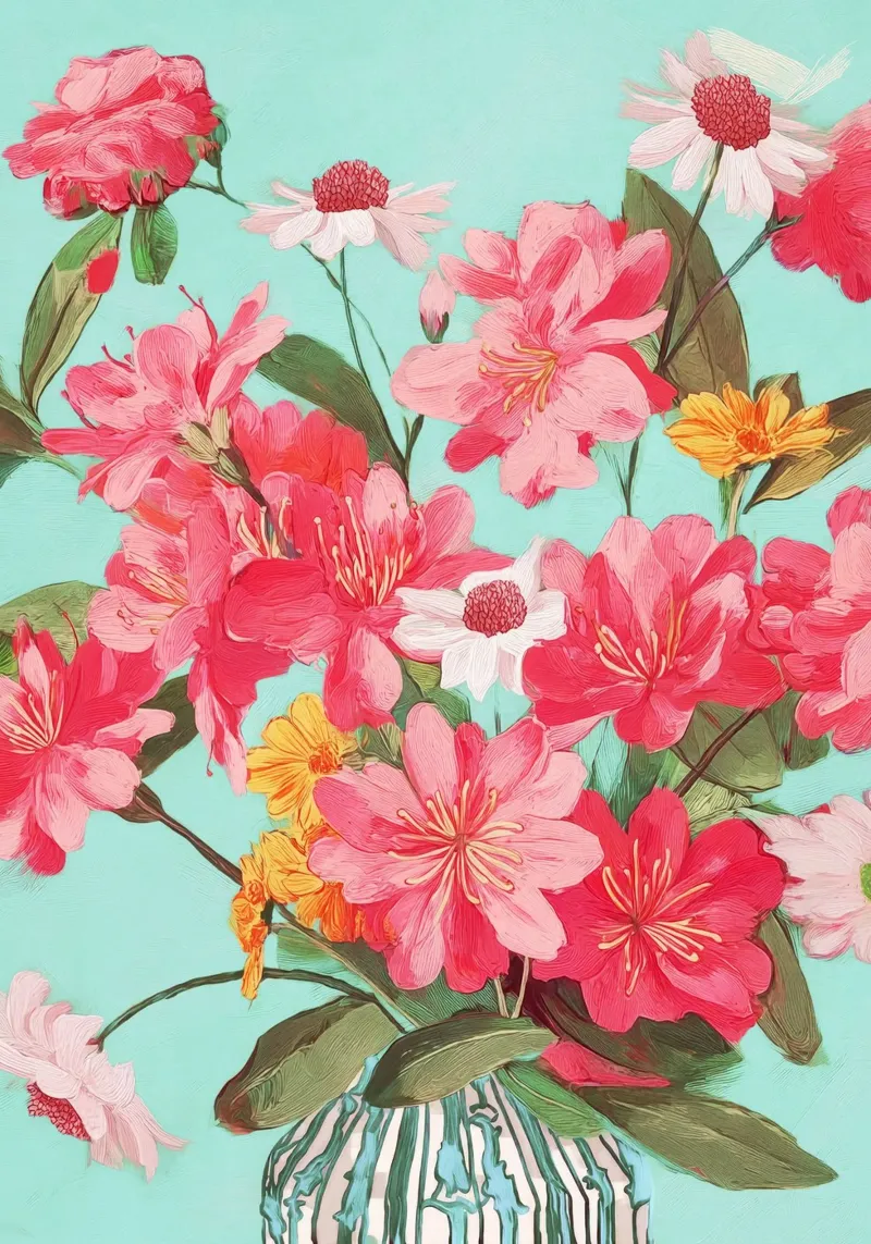 Azalea and Wildflower Bouquet on Teal tela con Cornice a cassetta da Flow Line