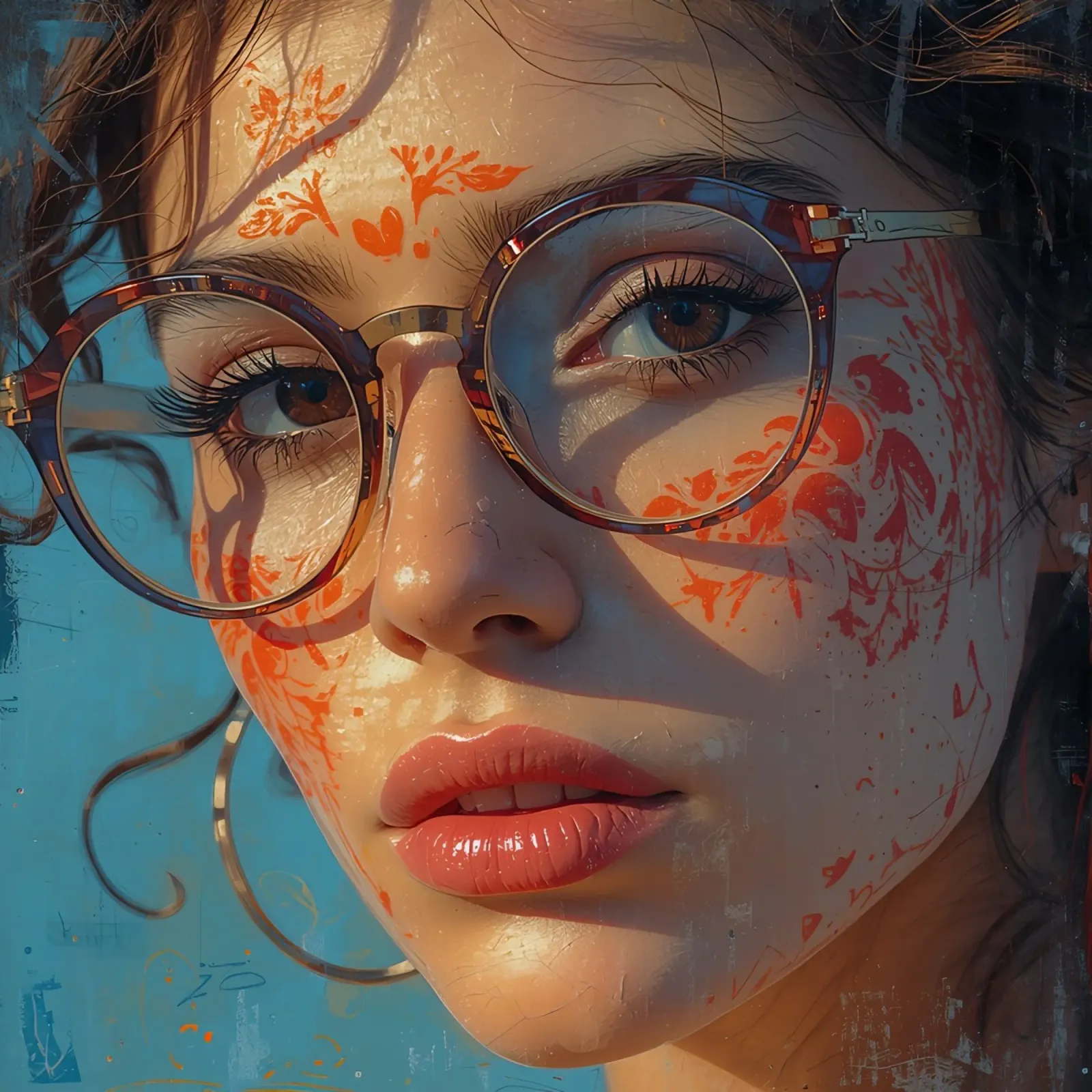 Ritratto di donna con occhiali e pittura floreale sul viso poster con telaio in alluminio da DesignDoodle