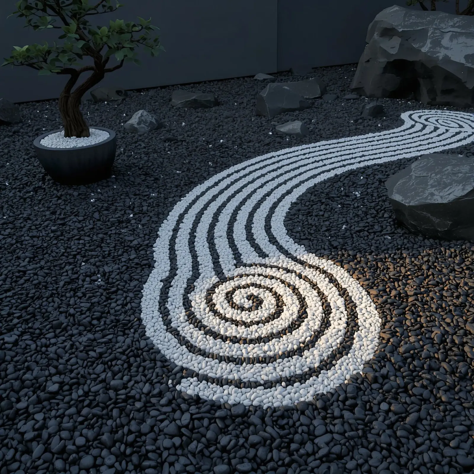 Giardino zen con bonsai e rocce dal design a ciottoli poster da DesignDoodle