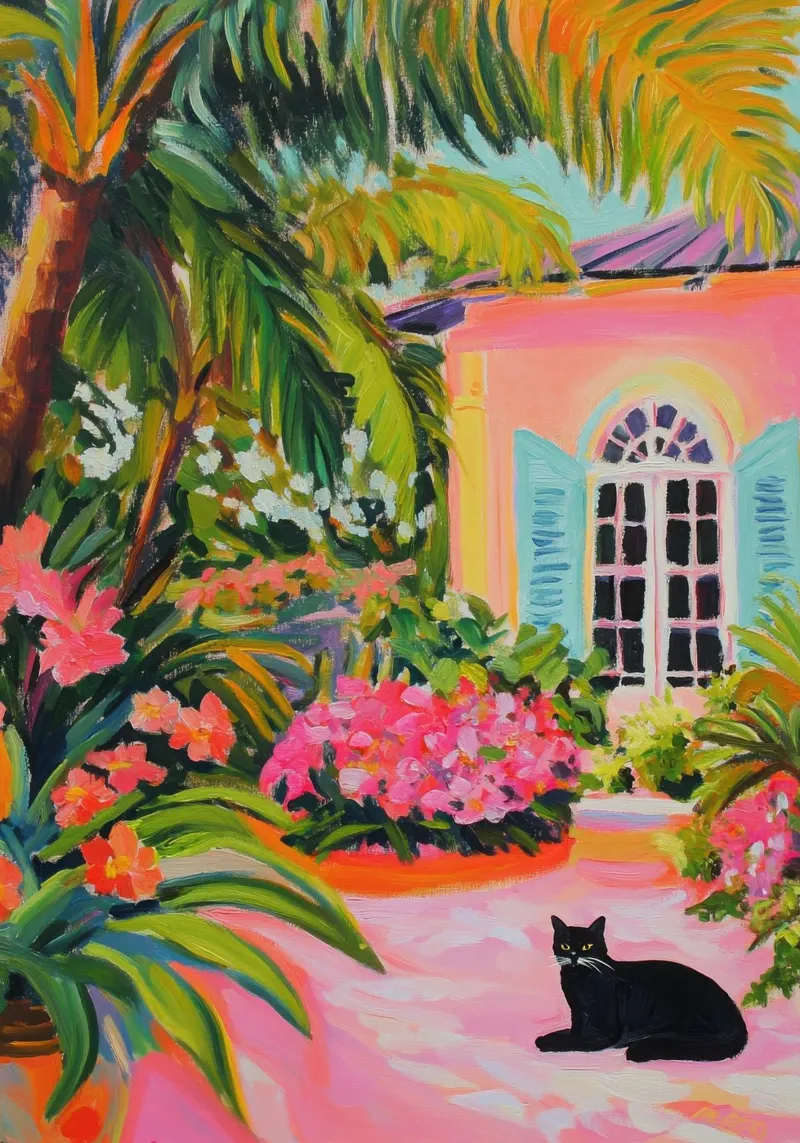 Zwarte kat in de tuin van Key West - Gouache canvas met Baklijst van Euphoria Theresa