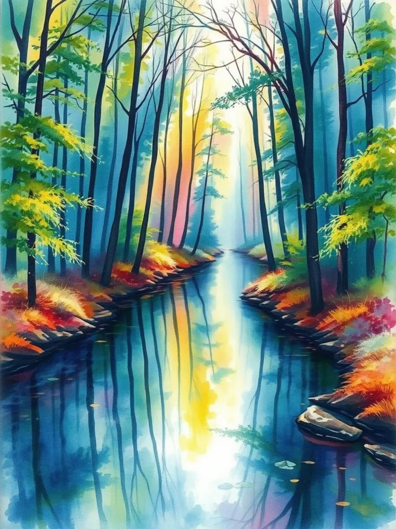Serene Forest Stream: A Vibrant and Luminous Journey canvas with Floater frame by Artistic-shop