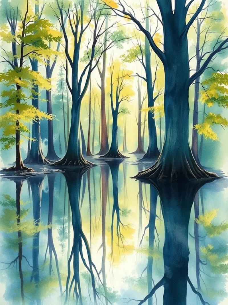 Riflesso d'autunno incantato: Una serena foresta acquerellata Lan poster con telaio in alluminio da Artistic-shop