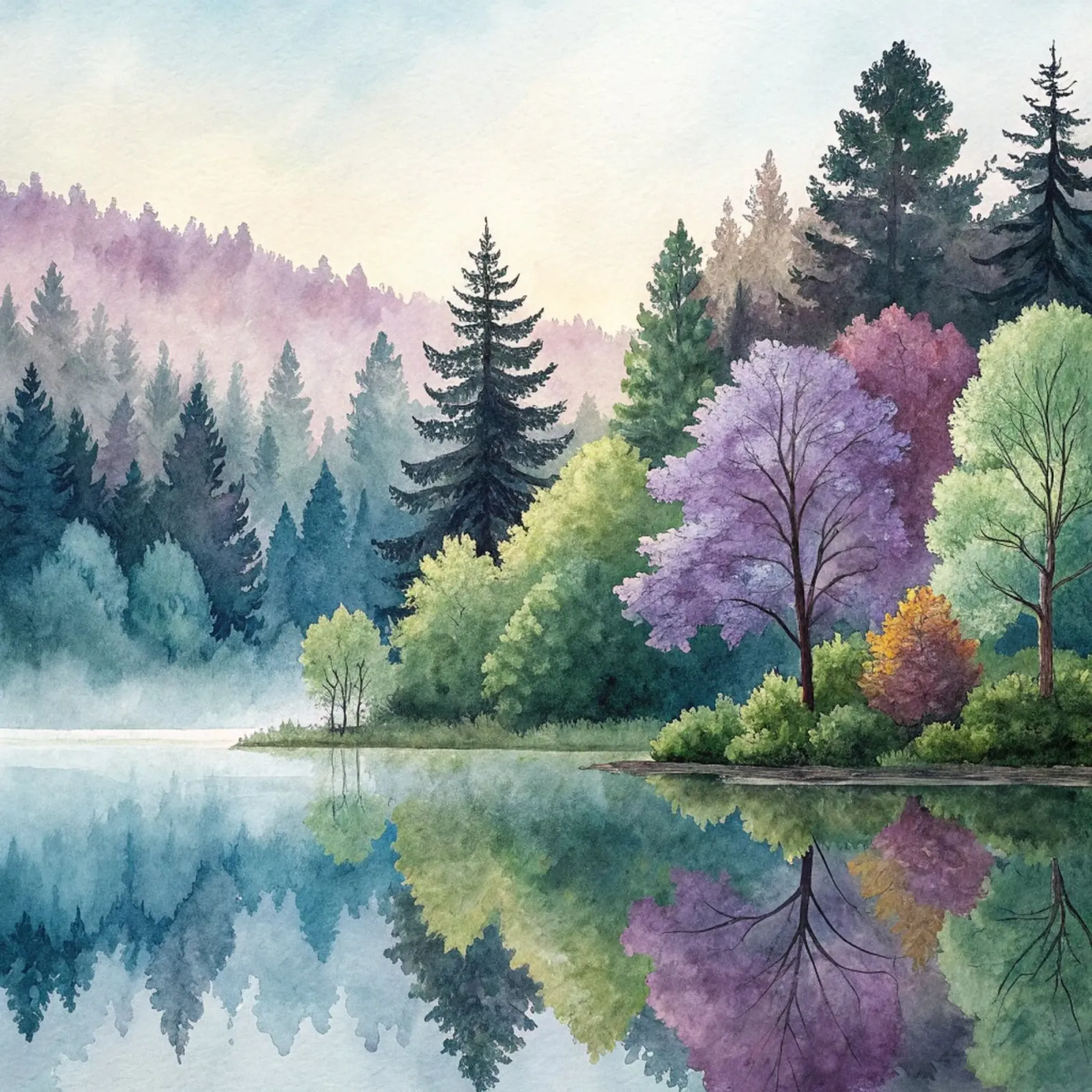 Foresta lacustre incantata: Un paesaggio da sogno ad acquerello poster con telaio in legno da Artistic-shop