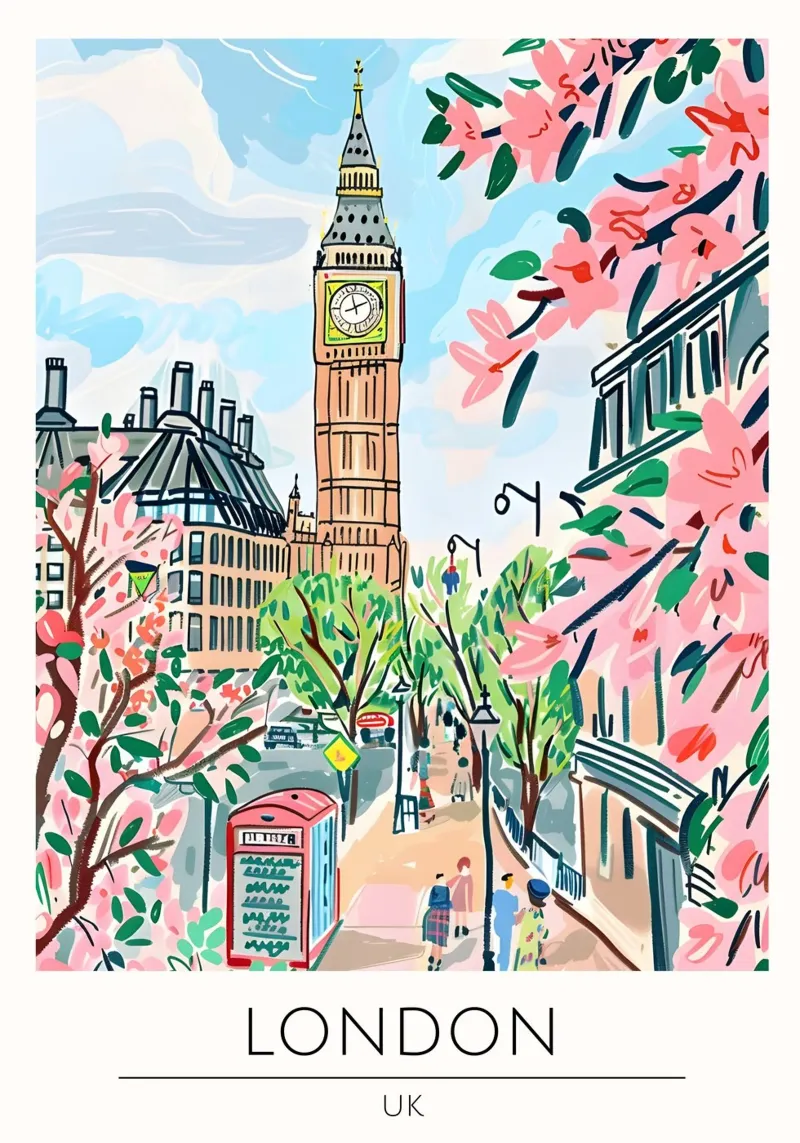 Londra Big Ben floreale Pop Art Cityscape poster con telaio in legno da homdeco