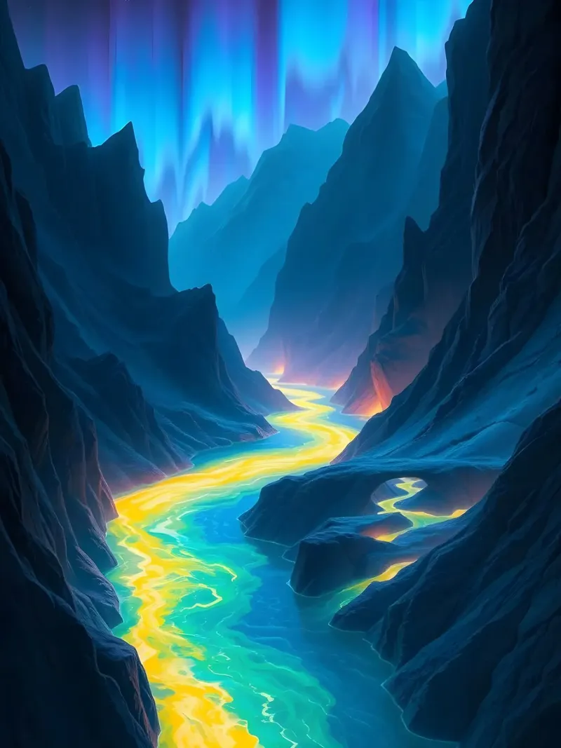 L'etereo Canyon dell'Aurora: Un fiume luminoso che si snoda attraverso Maj poster con telaio in plastica da Artistic-shop