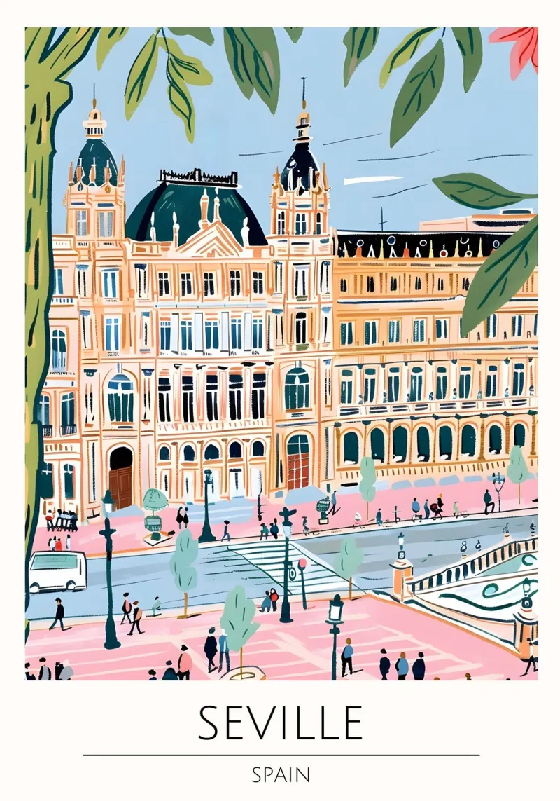 Sevilla Plaza Pop Art Reisposter Spanje canvas met Baklijst van homdeco