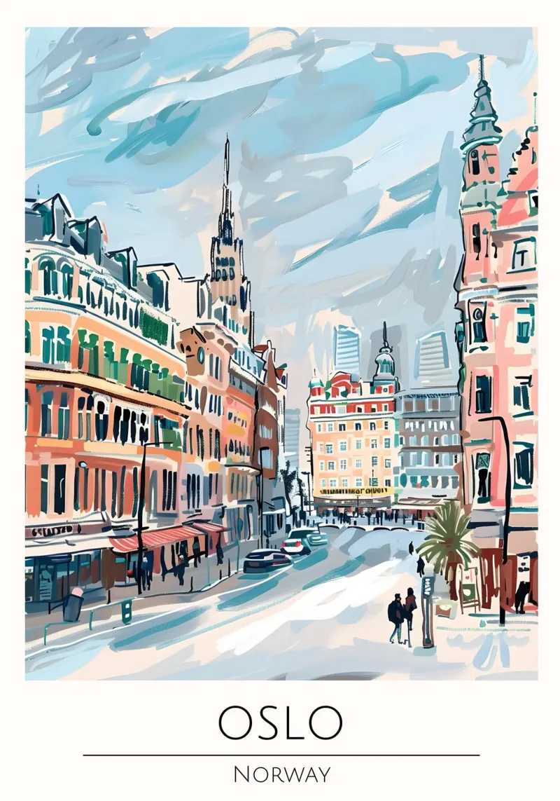 Oslo Cityscape Pop Art Poster di viaggio Norvegia poster con telaio in plastica da homdeco