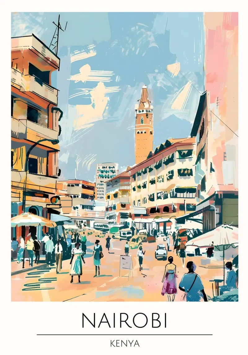 Nairobi Stadsgezicht Pop Art Reis Poster Kenia canvas met Baklijst van homdeco