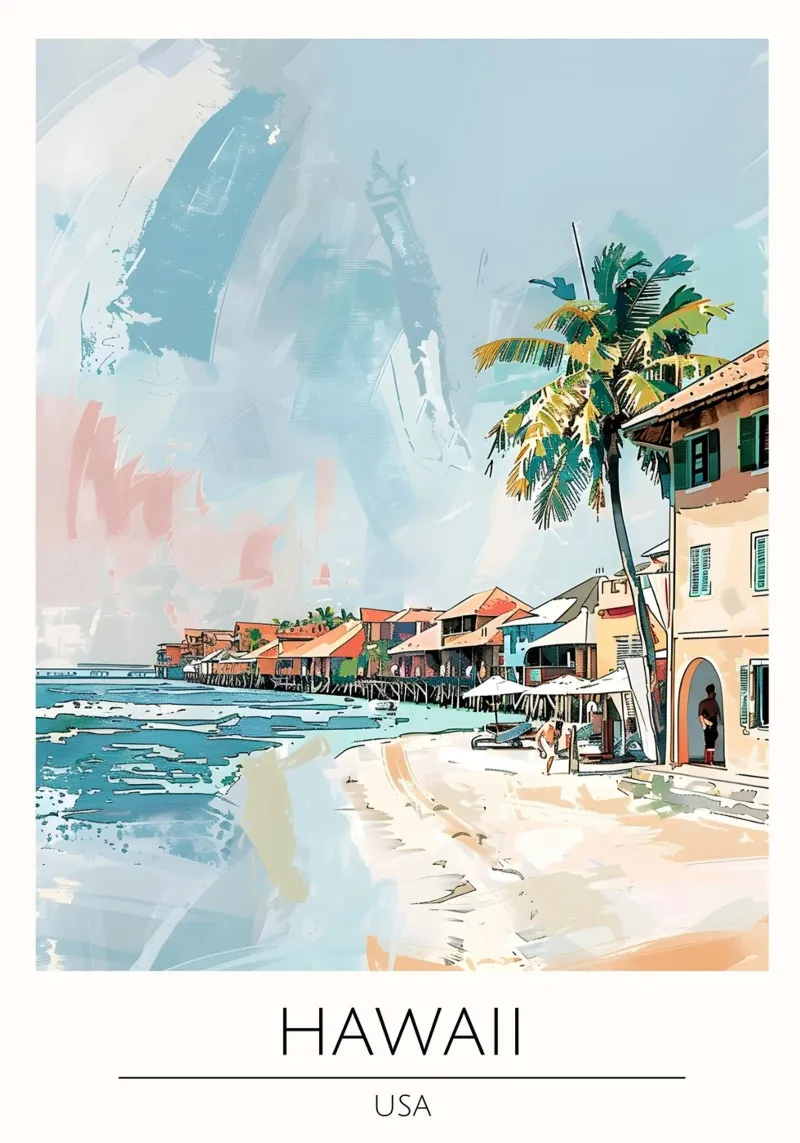 Hawaii Strand Pop Art Kust Reis Poster canvas met Baklijst van homdeco