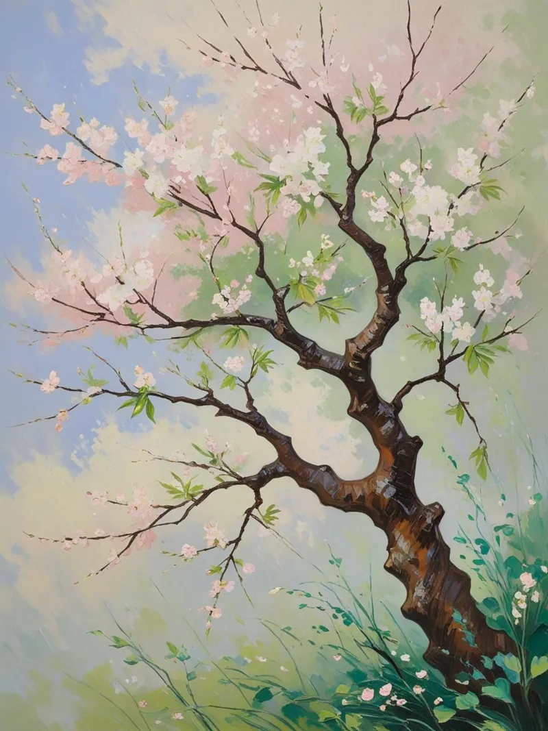 Serenità in fiore: Un vibrante dipinto a olio di un albero di ciliegio poster con telaio in legno da Artistic-shop