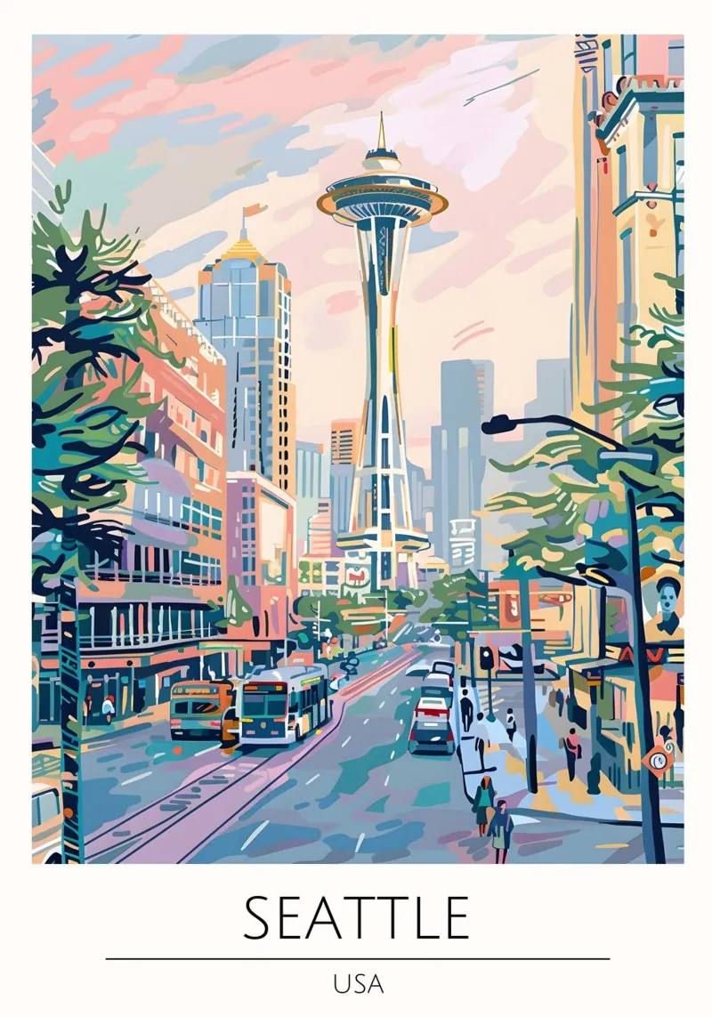 Paesaggio urbano pop art dell'ago spaziale di Seattle poster con telaio in plastica da homdeco