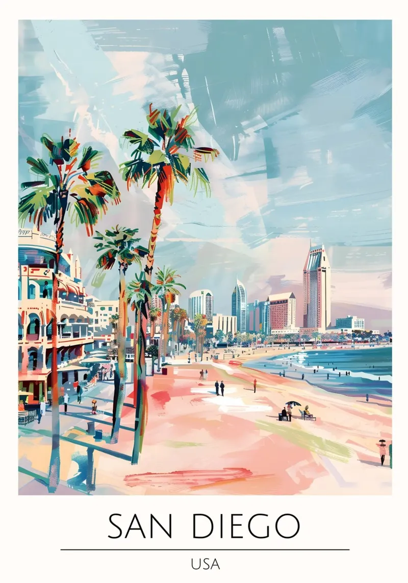 San Diego Strand Pop Art Kustlandschap canvas met Baklijst van homdeco