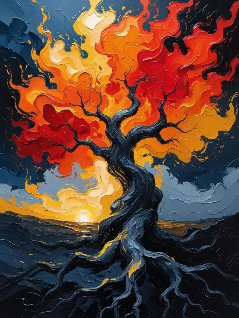 Un inferno fiammeggiante: Un dipinto a olio con texture di un T poster con telaio in alluminio da Artistic-shop