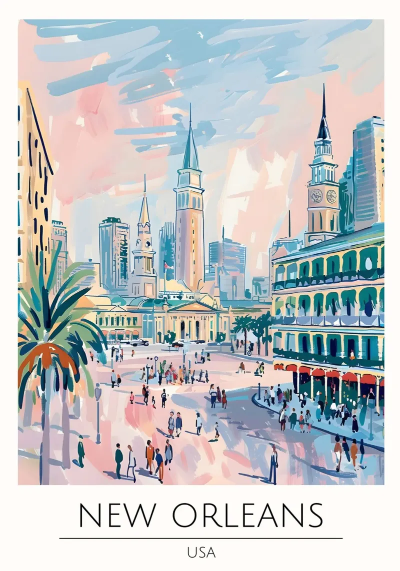 Poster di viaggio pop art con paesaggio urbano di New Orleans poster con telaio in plastica da homdeco