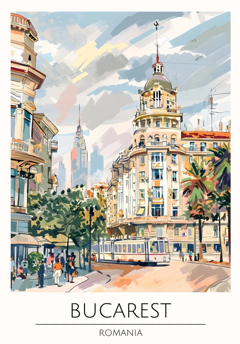 Bucarest Stadsgezicht Pop Art Reisposter Roemenië canvas met Baklijst van homdeco