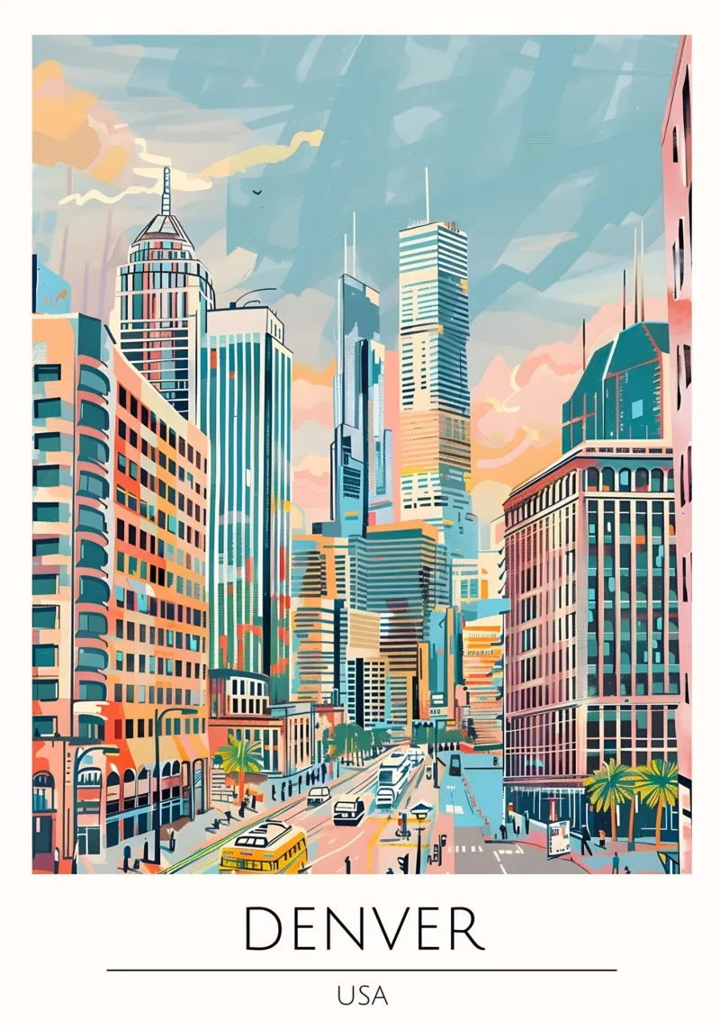 Denver Skyline Pop Art Cityscape Poster poster con telaio in alluminio da homdeco