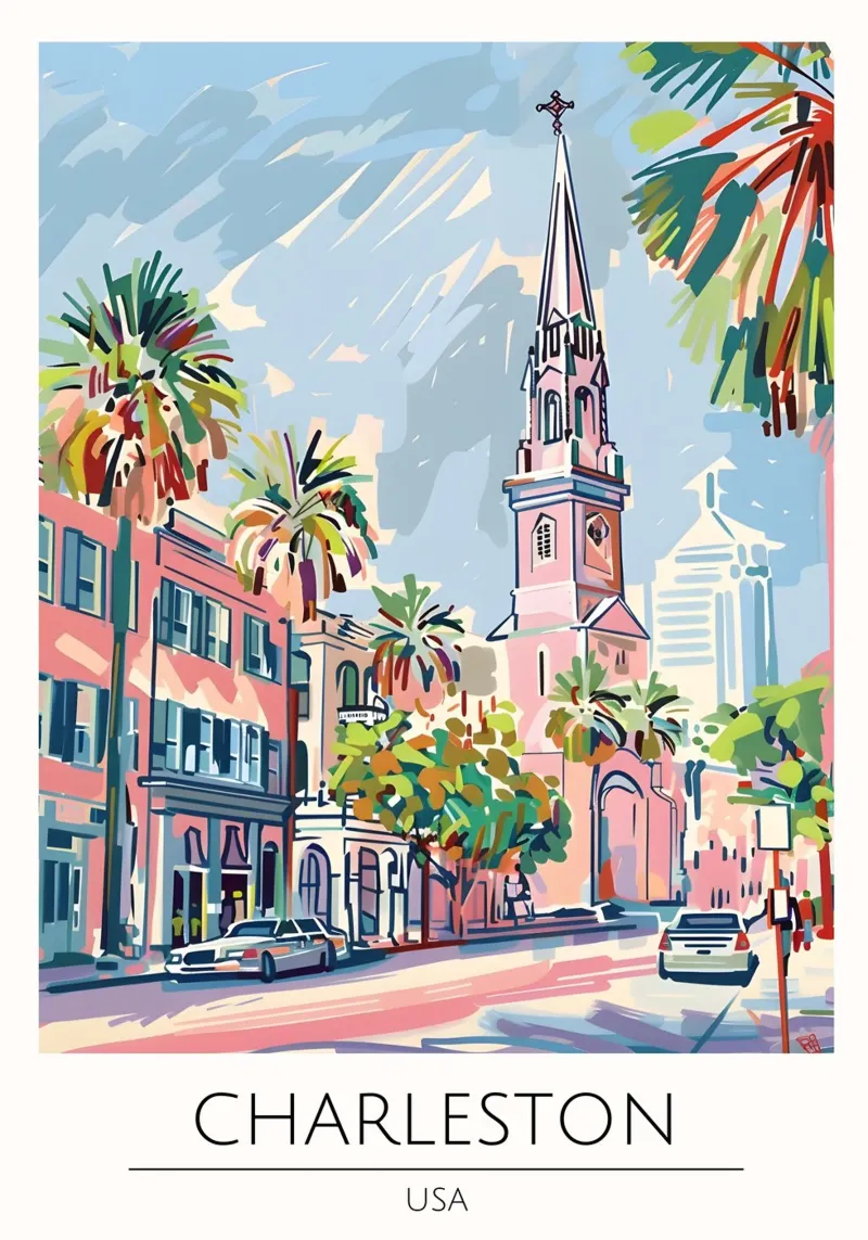 Charleston Kerk Pop Art Stadsgezicht Poster canvas met Baklijst van homdeco